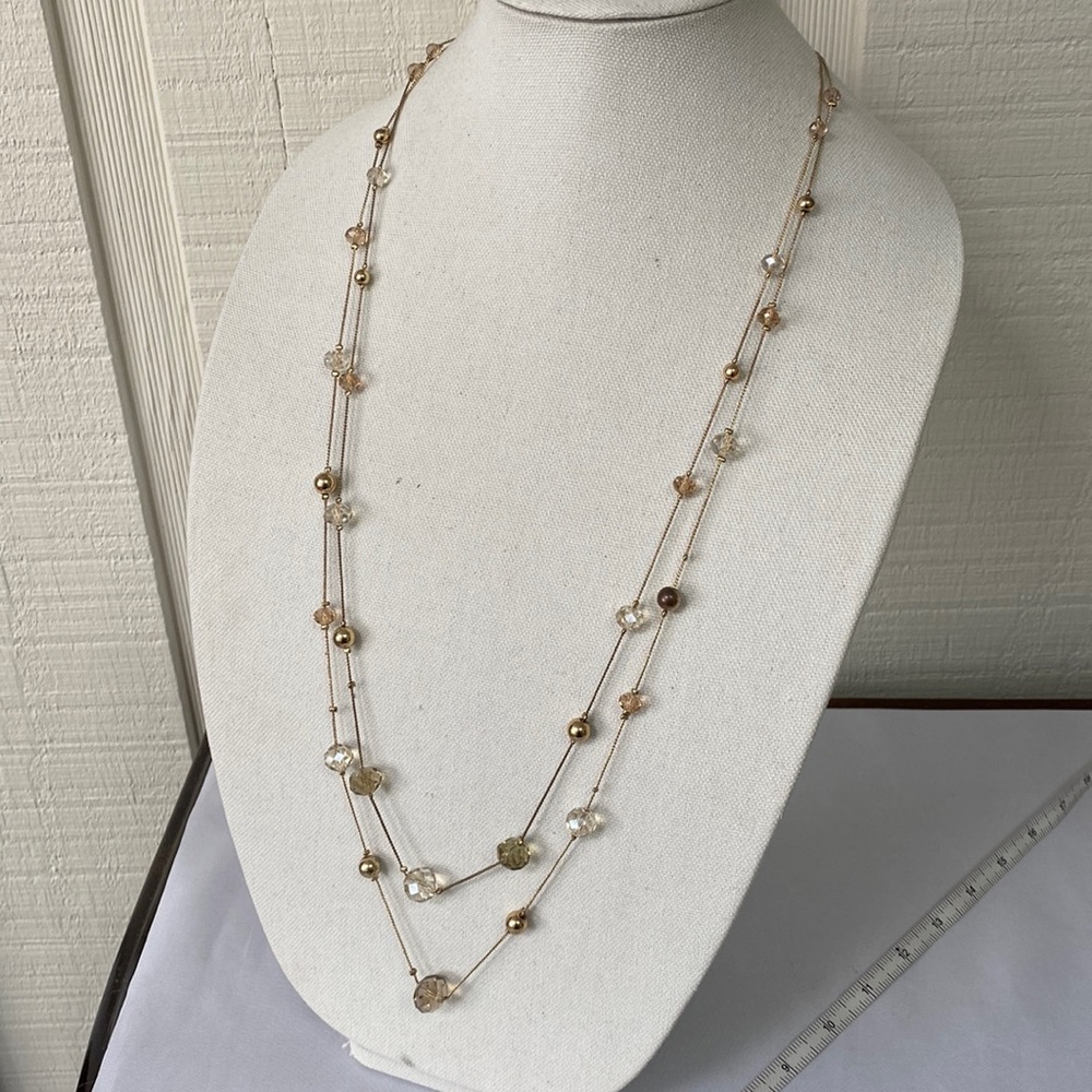 Long double chain station crystal and Goldtone bead necklace